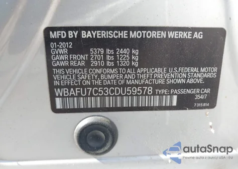 2012 BMW 535I xDrive из США, поврежденный, VIN WBAFU7C53CDU59578
